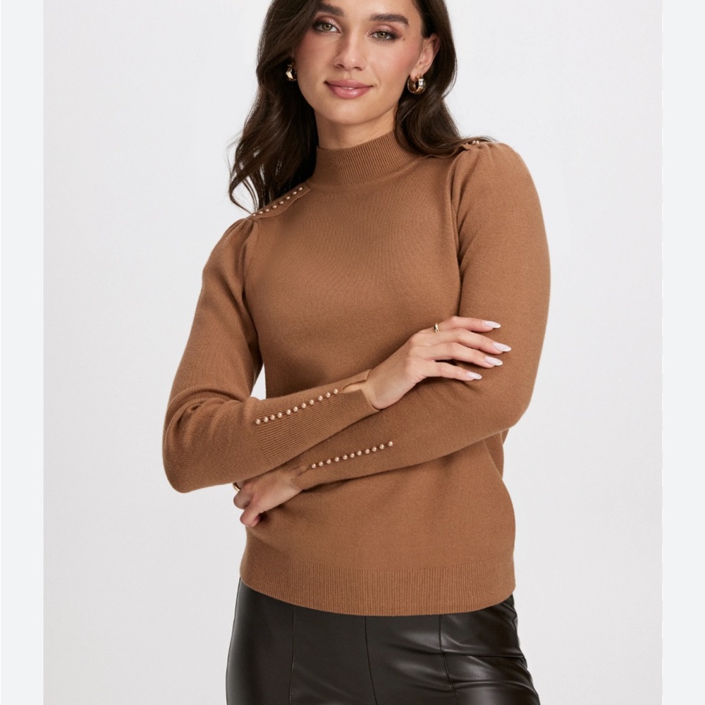 Laura Petites Pearl Detail Mock Neck Sweater Brown Camel